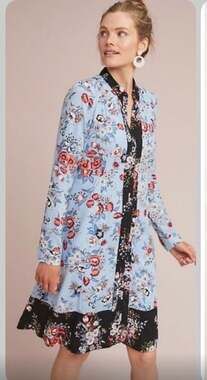 Maeve by Anthropologie Leyster Floral Shirt Dress Blue Corset Tie Back Size 4
